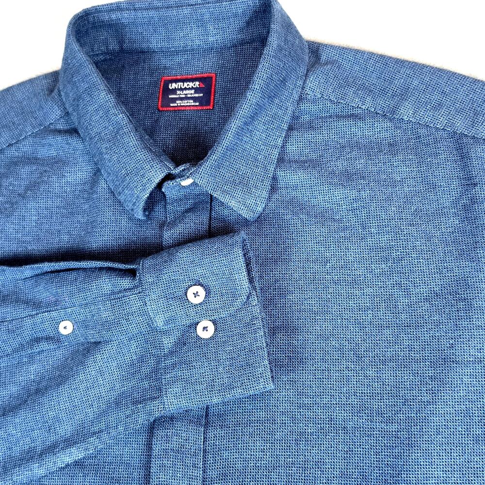 UNTUCKit Veneto WF Button Down Shirt XL Blue Textured Cotton Relaxed Fit Casual
